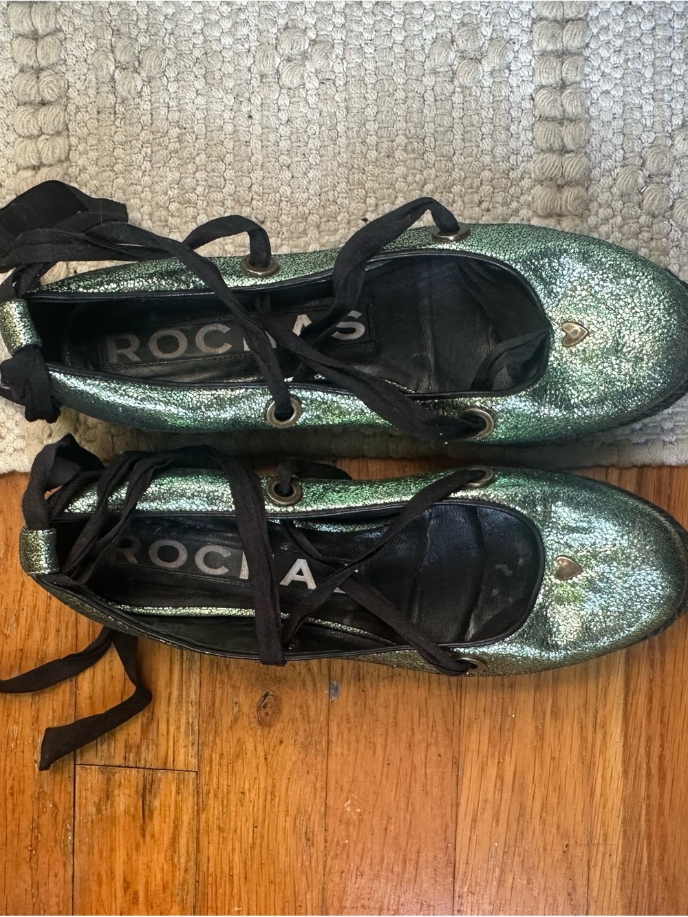 Rochas Metallic Green Glitter Lace-Up Ballet Flats - Picture 5 of 5